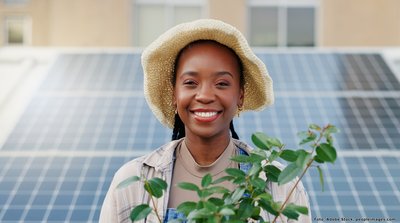 Eine lächelnde Person trägt einen Strohhut und hält eine Topfpflanze in den Händen. Im Hintergrund sind Solarzellen auf einem Dach zu sehen.